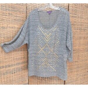 Beverly Drive Women's Plus Metallic Design Sweater Top 3X Gray Black/Gold Ladies